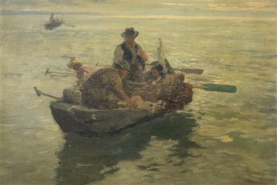 Italian School c.1900, oil on canvas board, fishermen at sea, 24 x 34cm